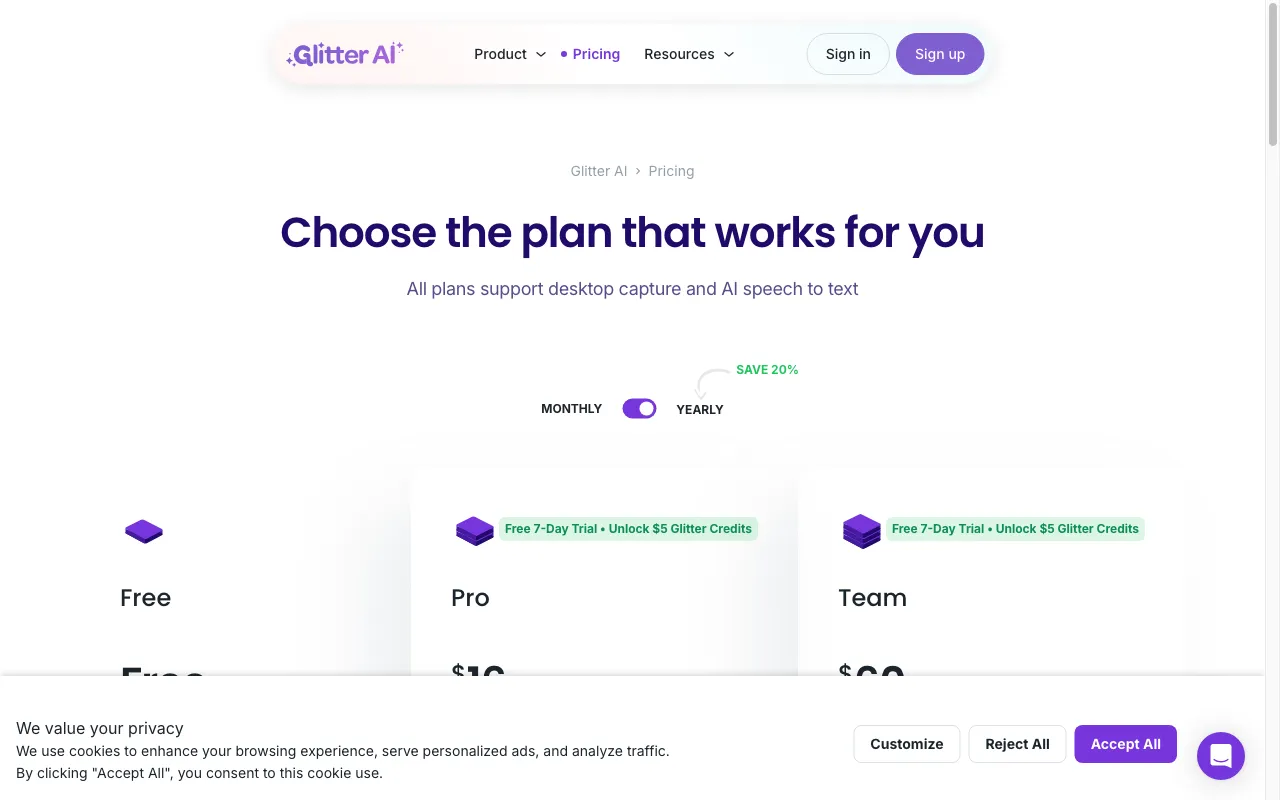 Glitter AI — pricing page