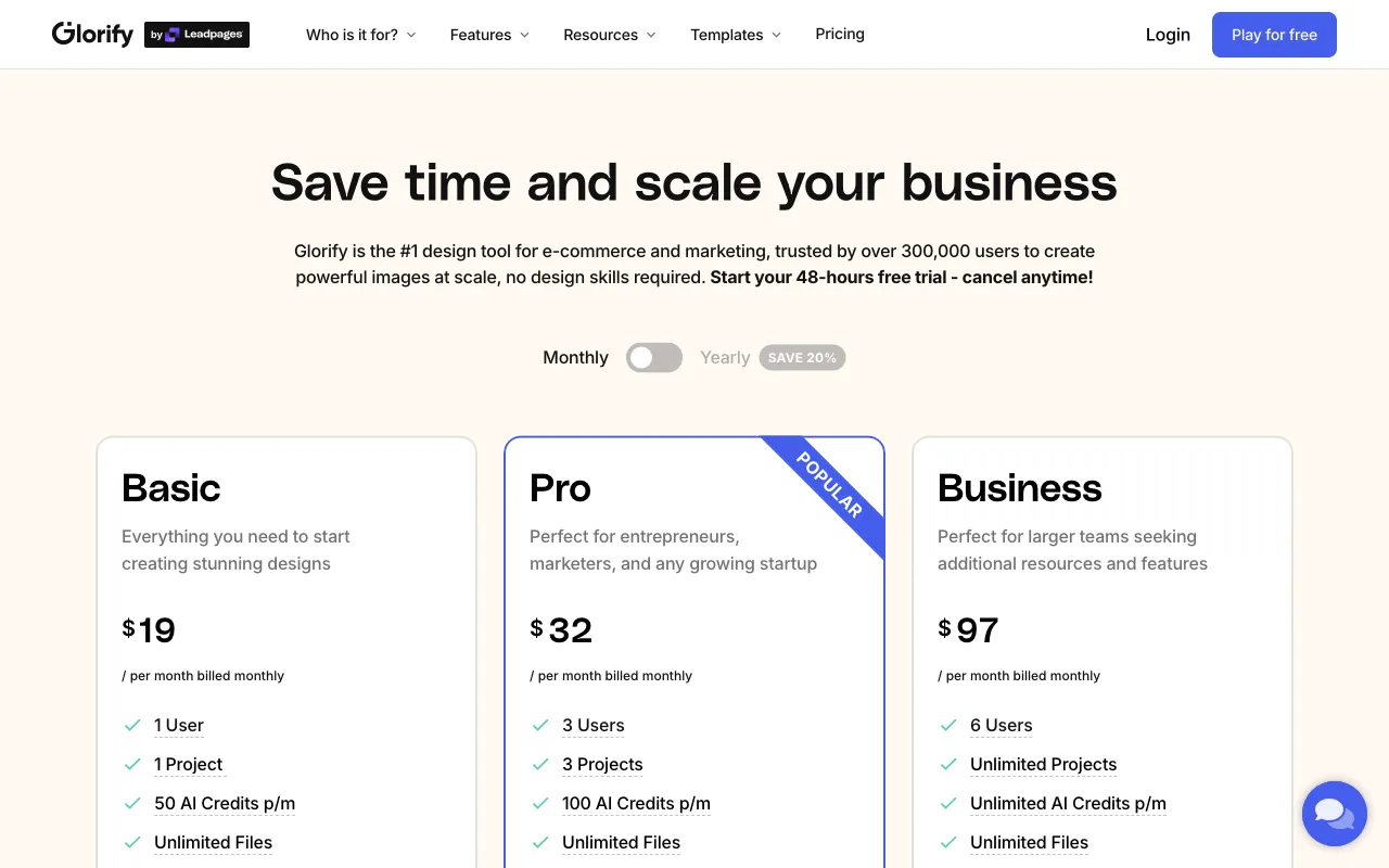 Glorify 3.0 Design Tool Powered by AI — pricing page
