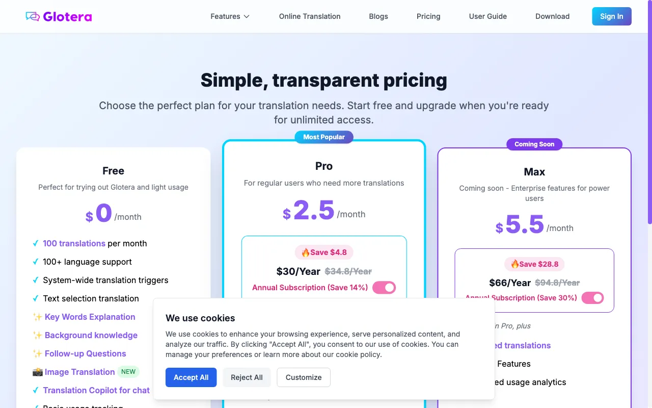 Glotera AI — pricing page