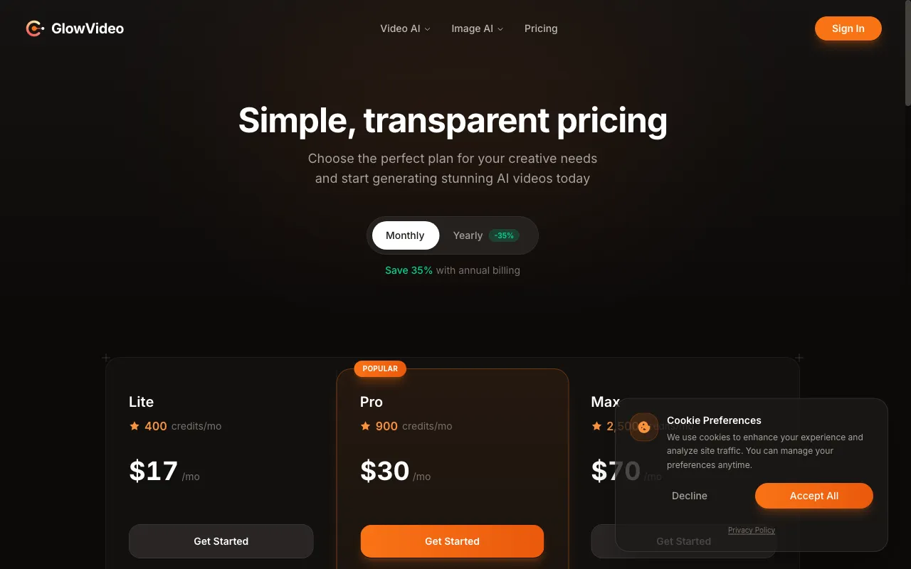 GlowVideo — pricing page