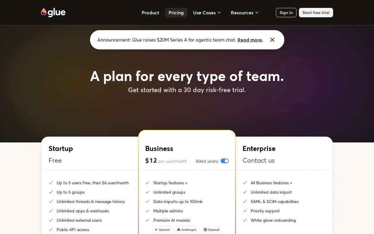 Glue — pricing page