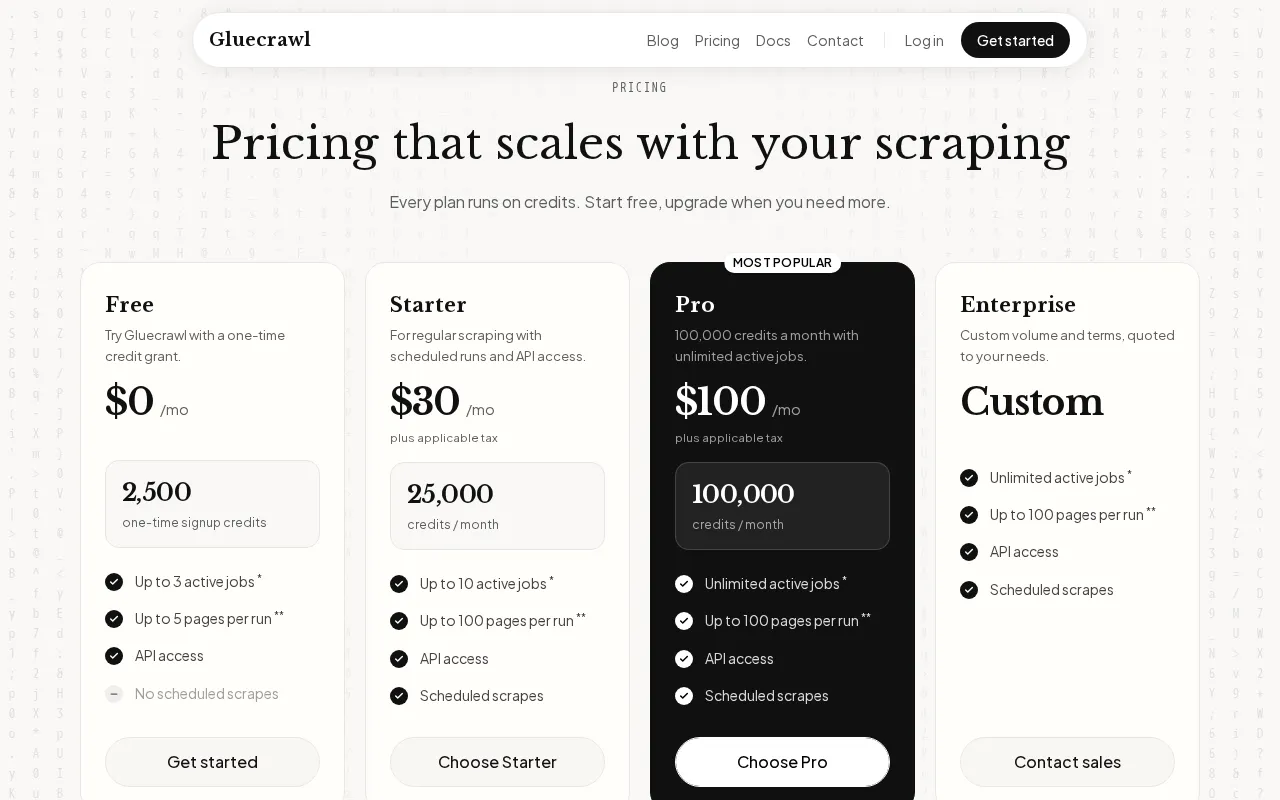 Gluecrawl — pricing page