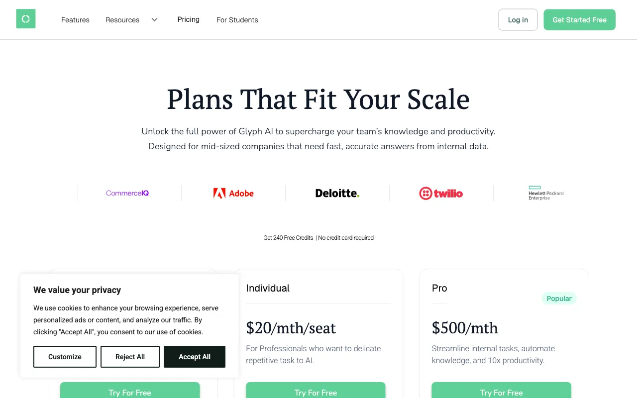 Glyph AI — pricing page