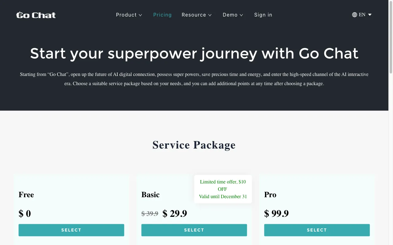 Go Chat — pricing page