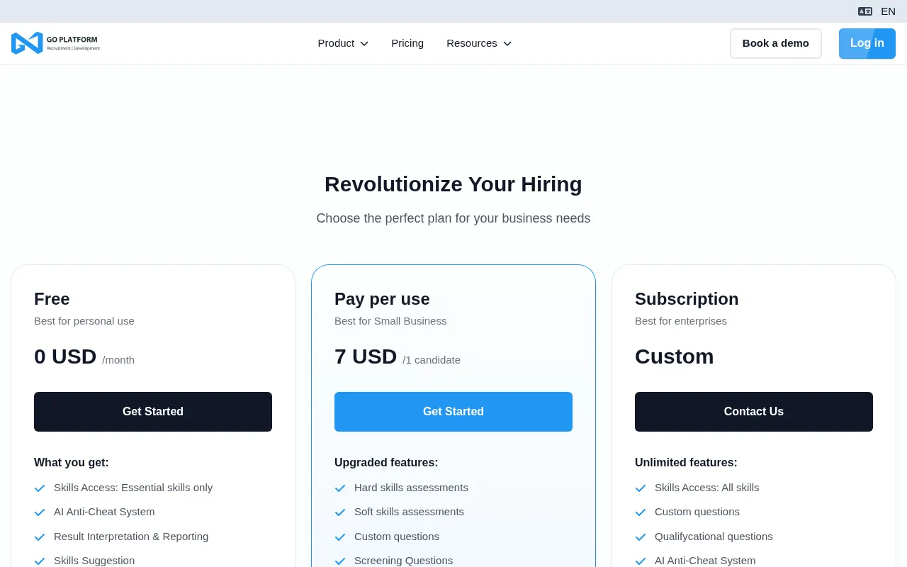 GO PLATFORM — pricing page