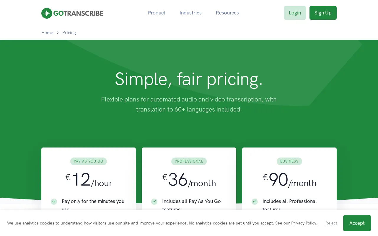 Go Transcribe — pricing page