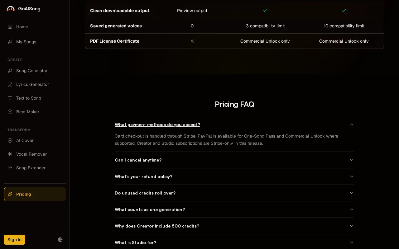GoAISong — pricing page