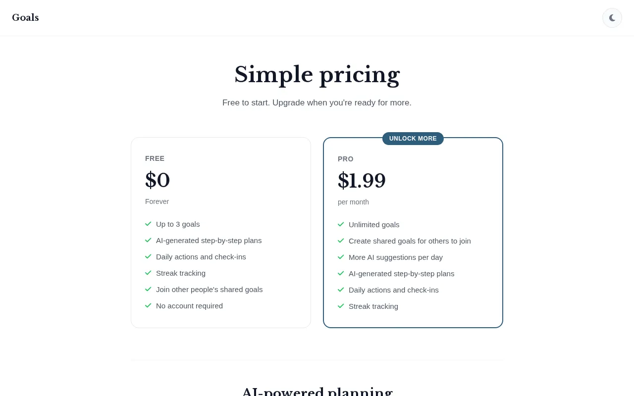 Goals — pricing page