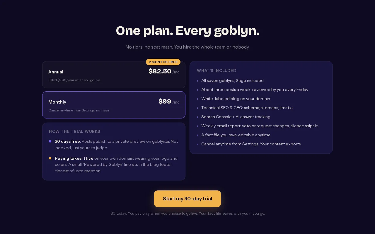 Goblyn — pricing page