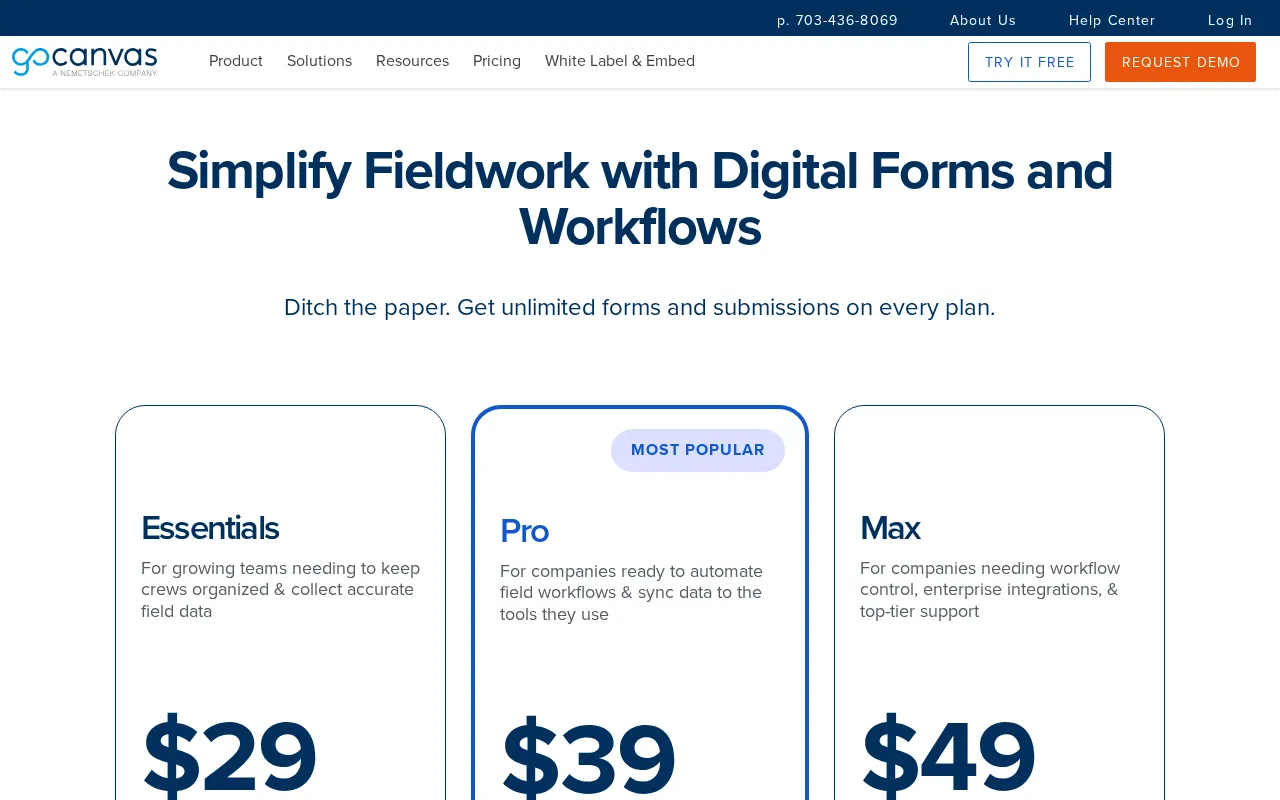 Gocanvas — pricing page
