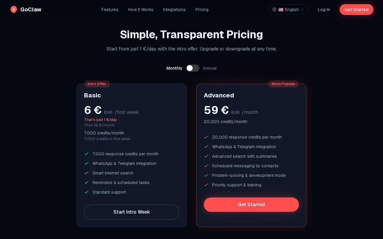 GoClaw — pricing page