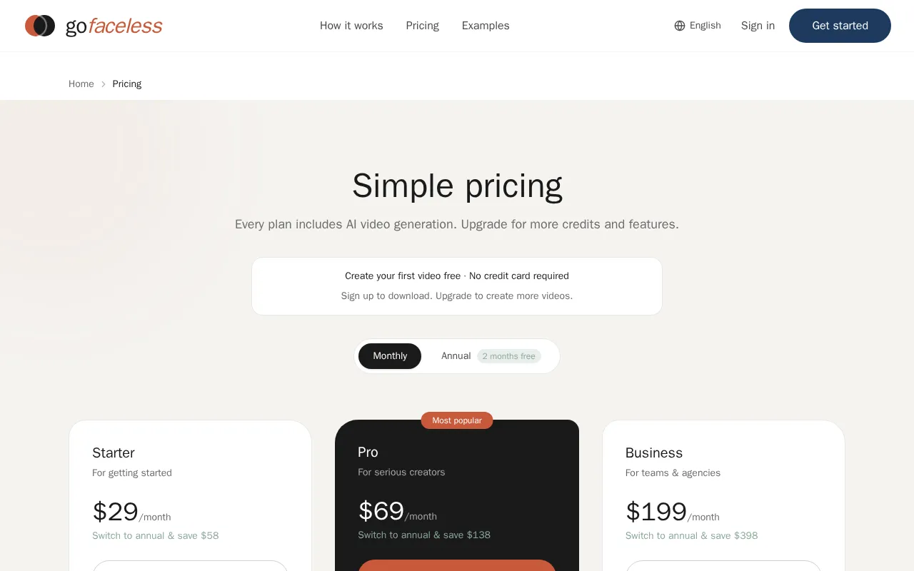 GoFaceless — pricing page