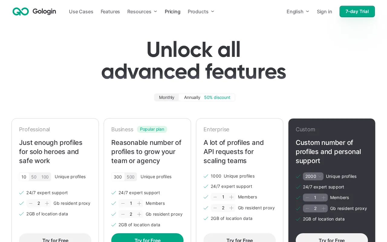 Gologin Cloud Browser — pricing page