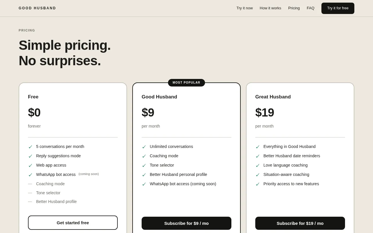 Good Husband — pricing page