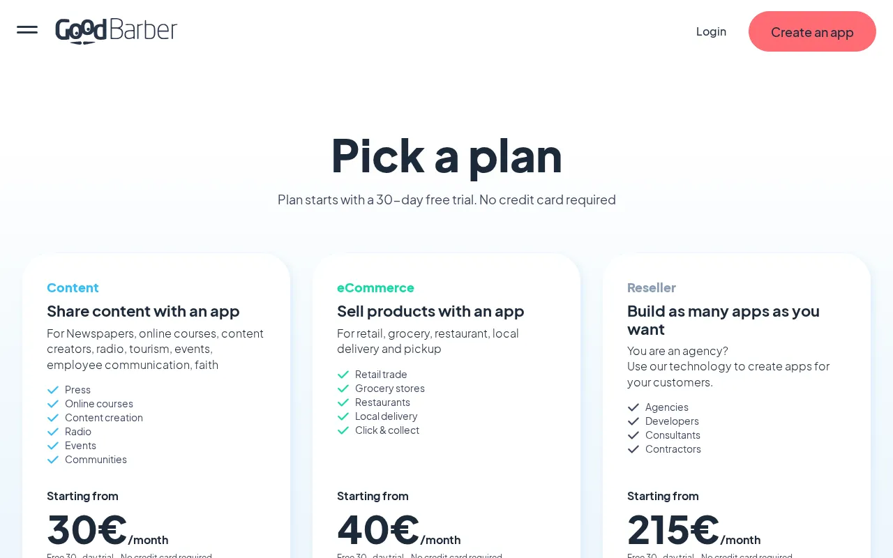 Goodbarber — pricing page