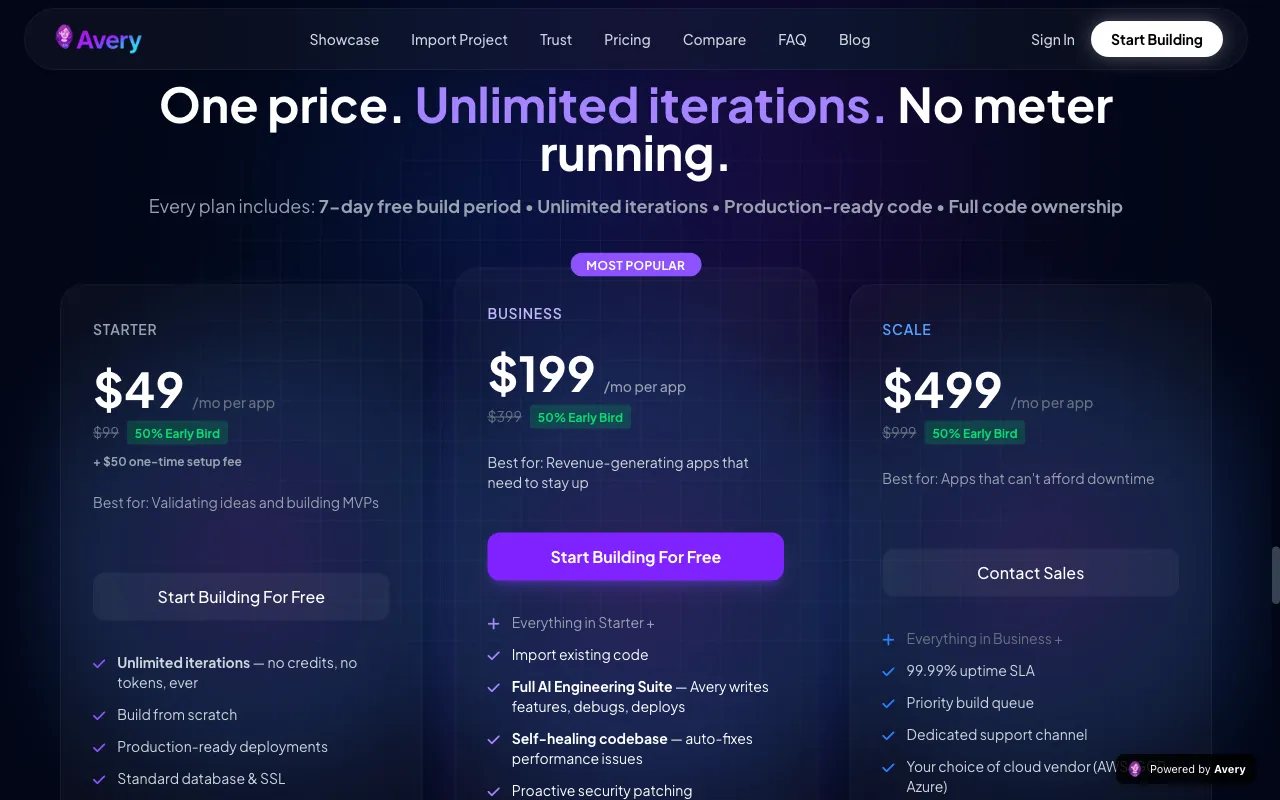 Avery.dev — pricing page