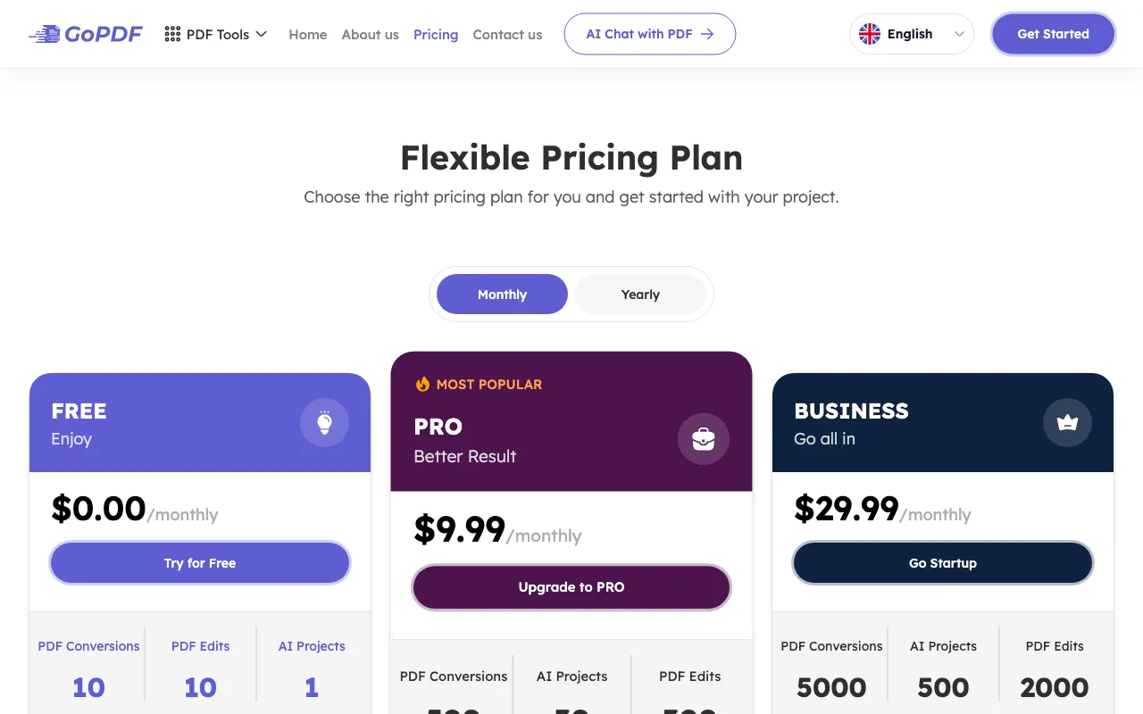 GoPDF — pricing page