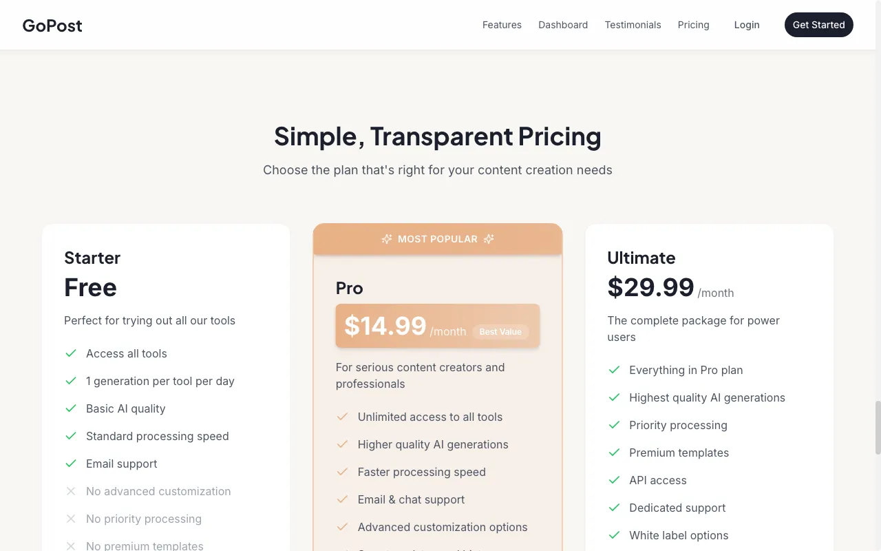 GoPost — pricing page