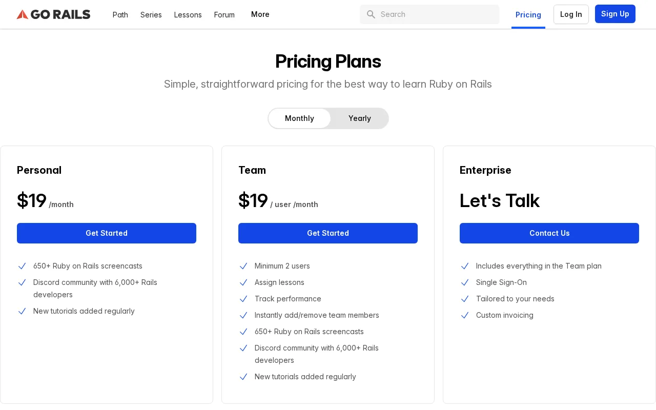 GoRails — pricing page