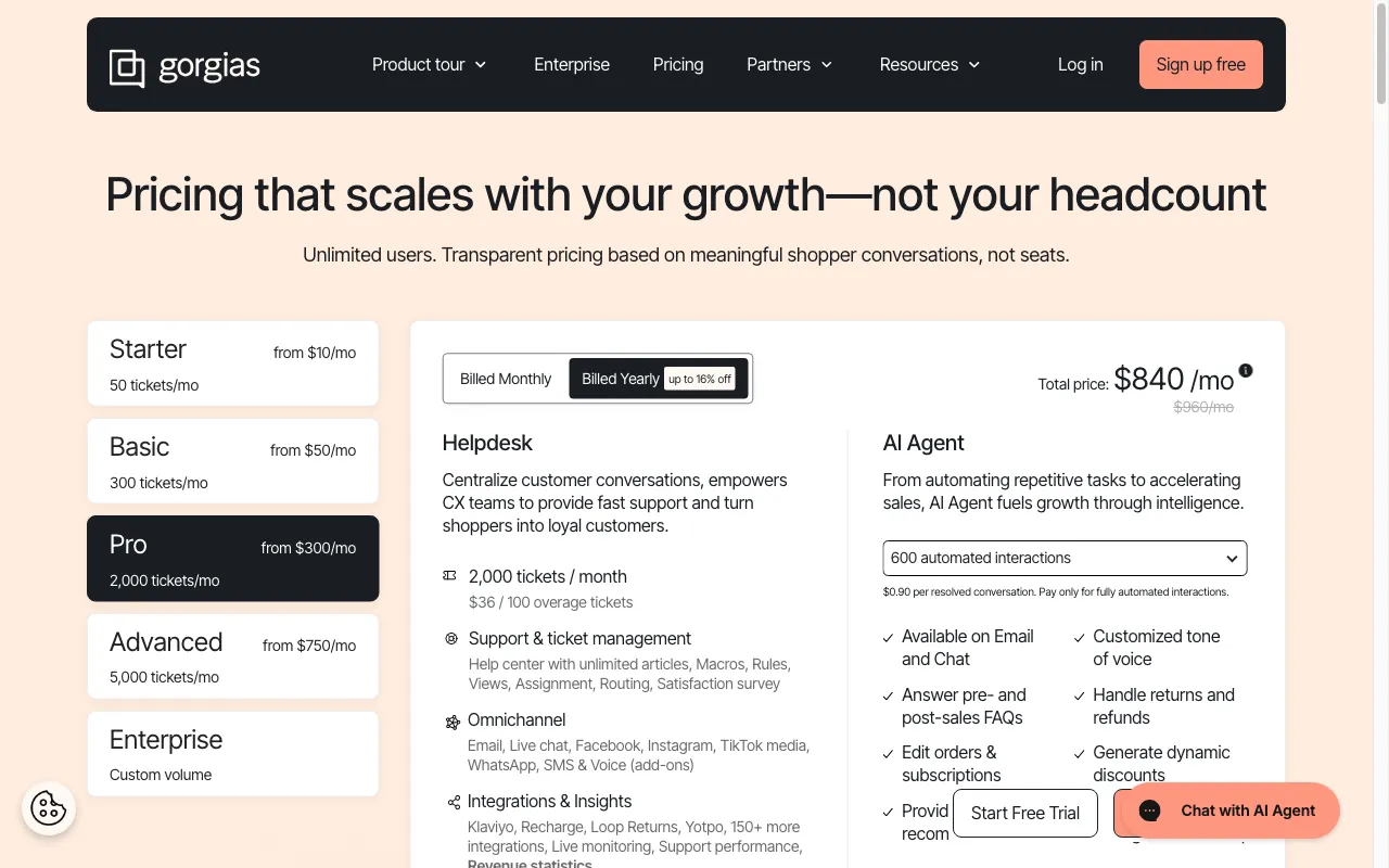 Gorgias — pricing page