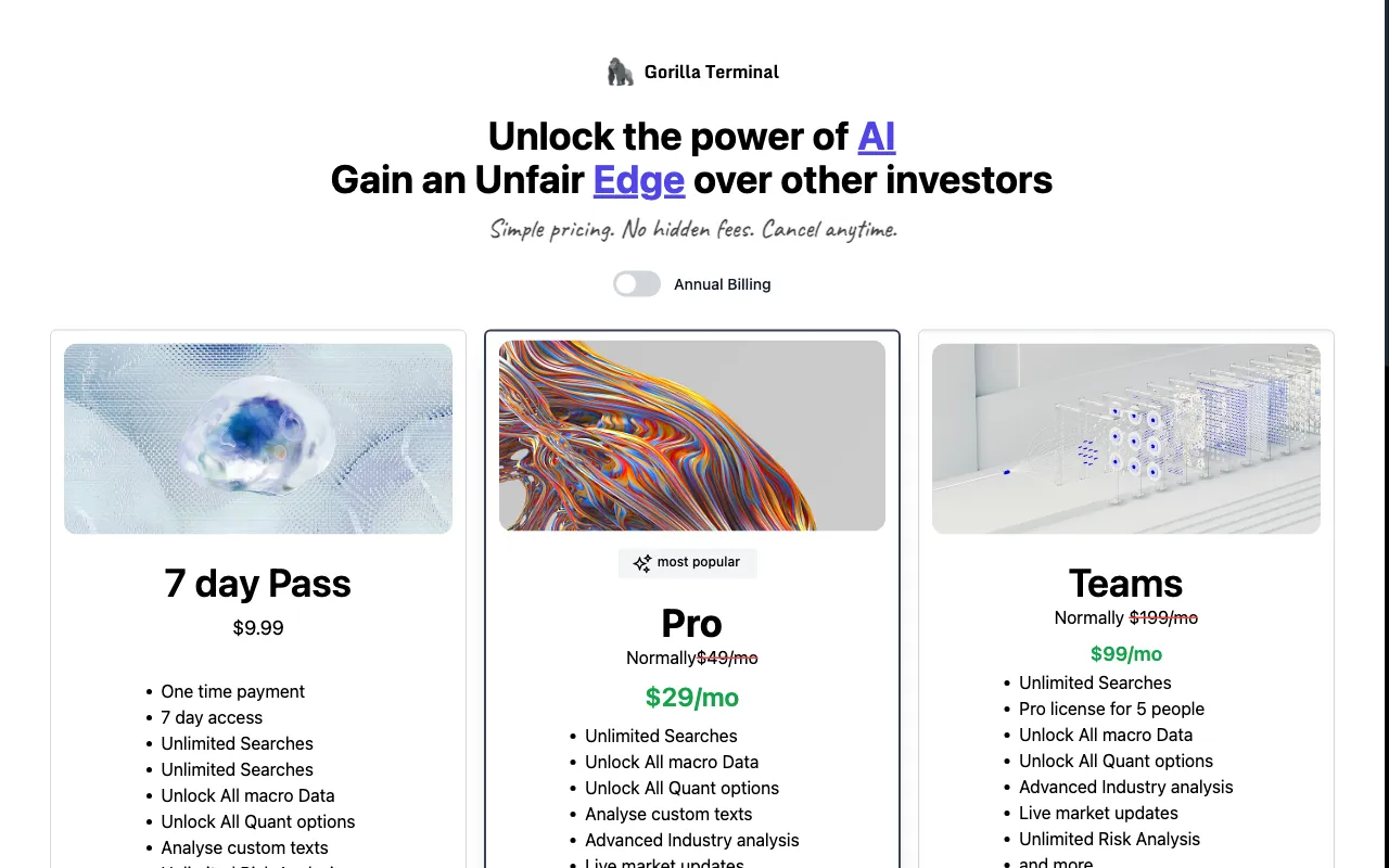 Gorilla Terminal — pricing page