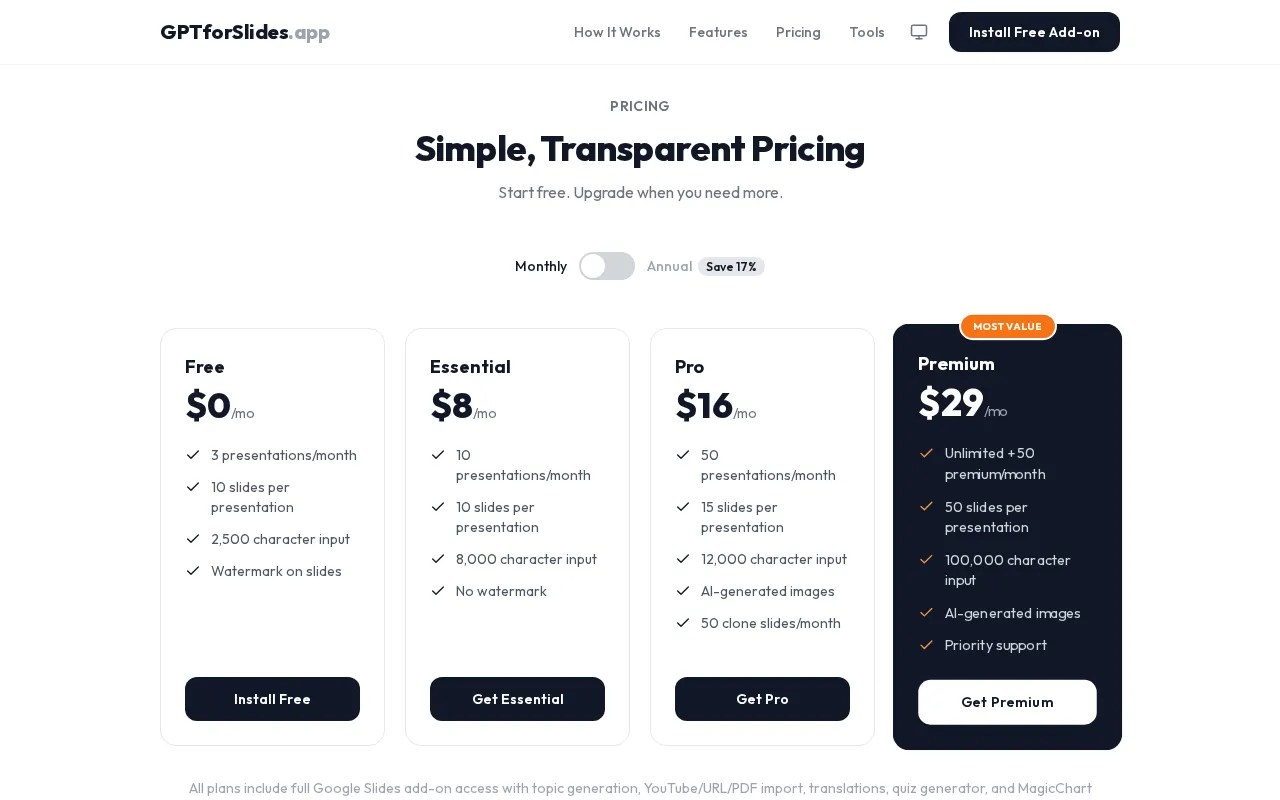 GPT for Slides — pricing page