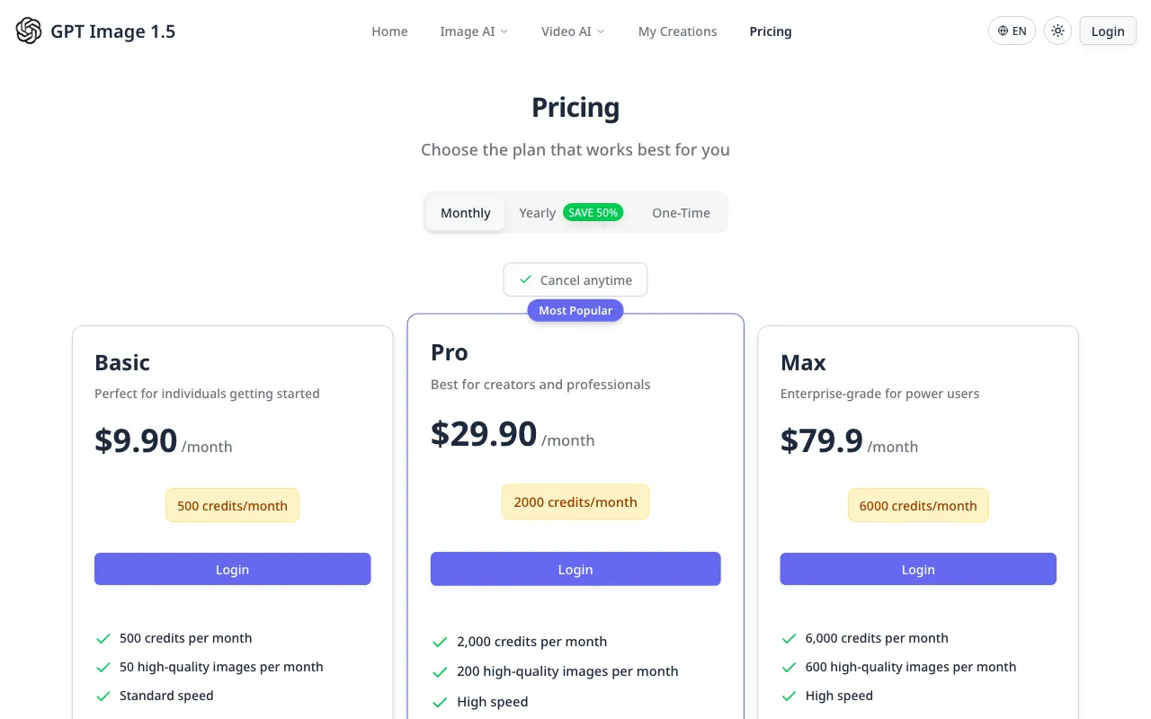 GPT Image 1.5 — pricing page