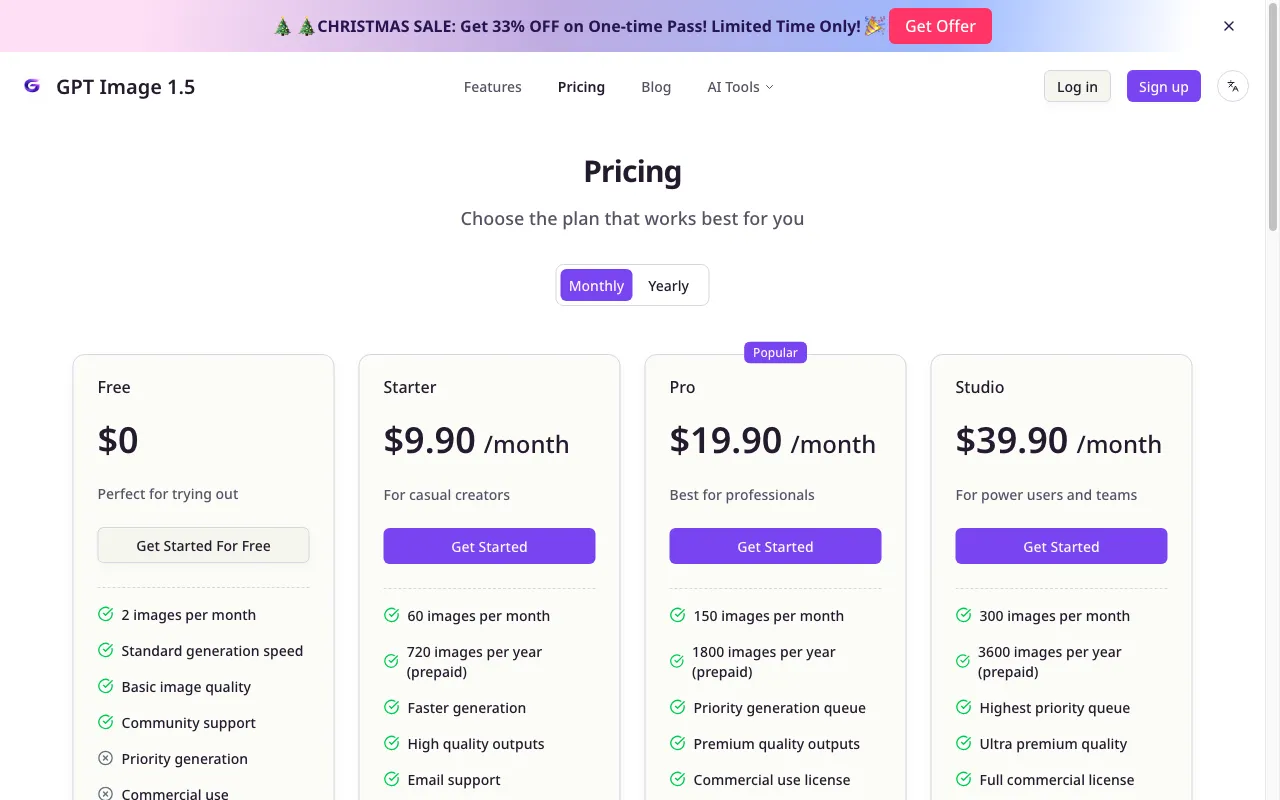 GPT Image 1.5 Generator — pricing page