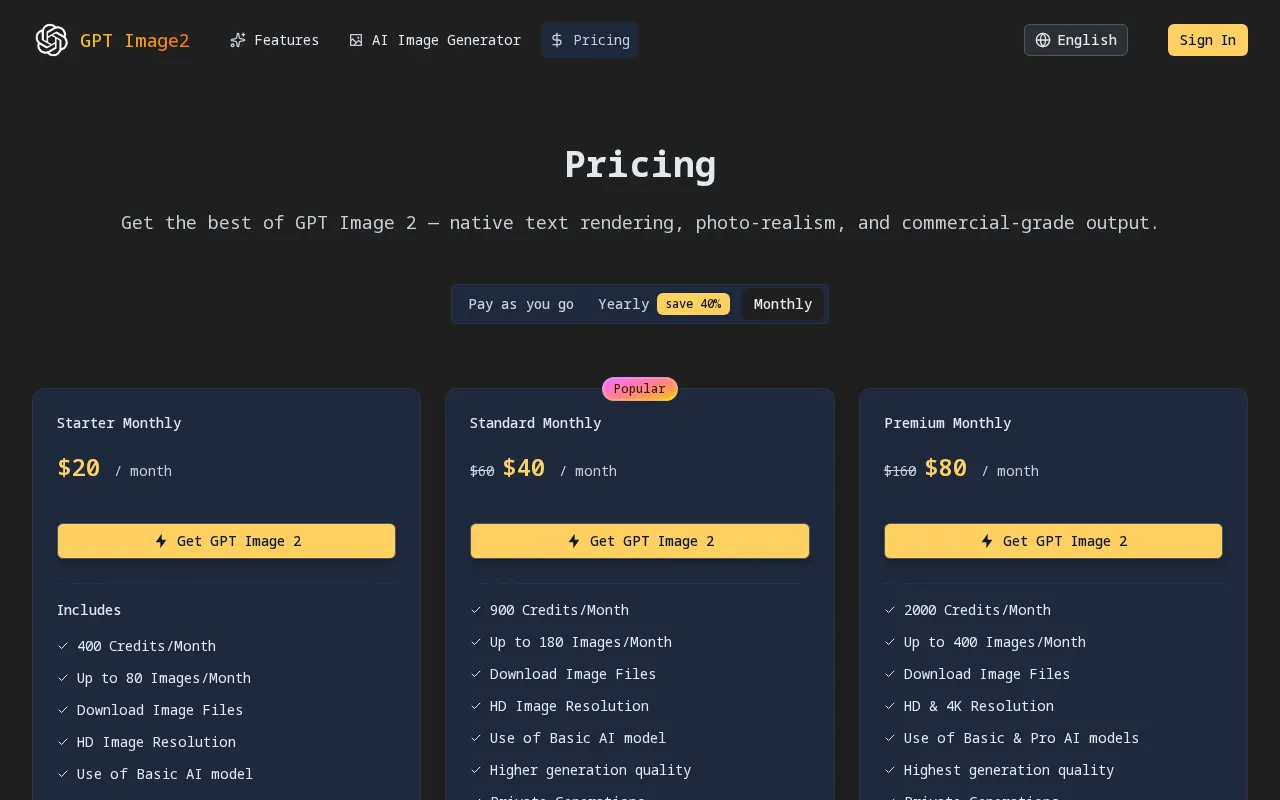 GPT Image 2 — pricing page
