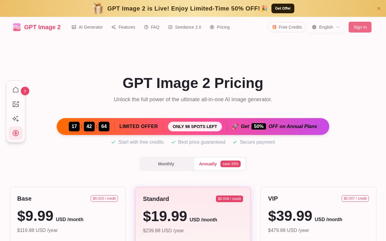 GPT Image 2 — pricing page