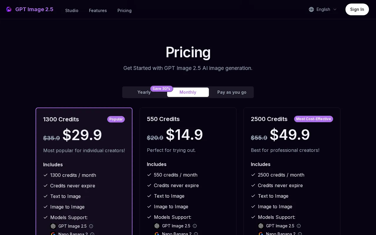 GPT Image 2.5 AI Video Generator — pricing page