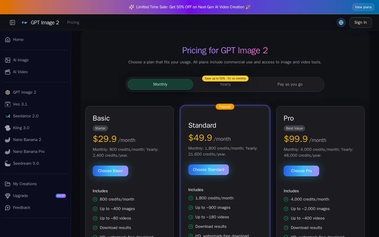 GPT Image 2 — pricing page