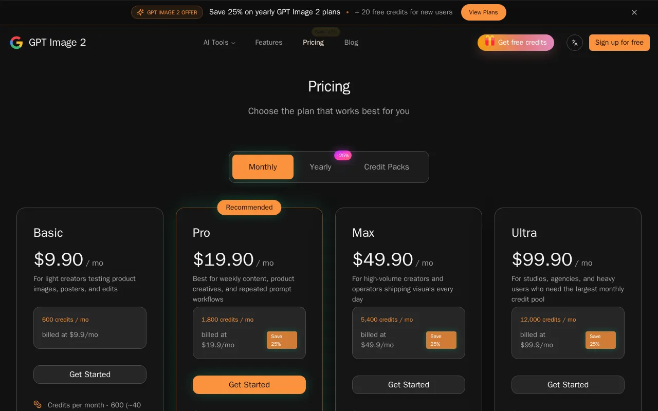 GPT Image 2 Free online ai image editor — pricing page