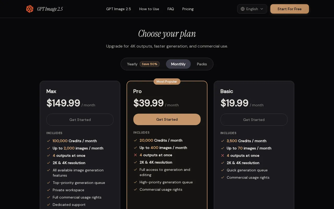 GPT Image 2.5 — pricing page