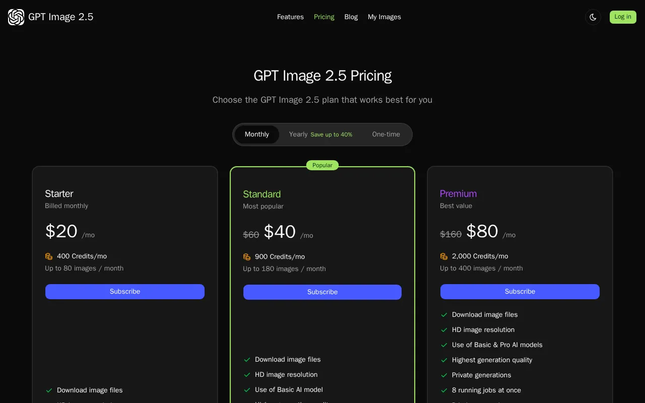 GPT Image 2.5 — pricing page