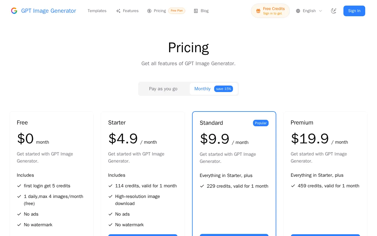 GPT Image Generator — pricing page