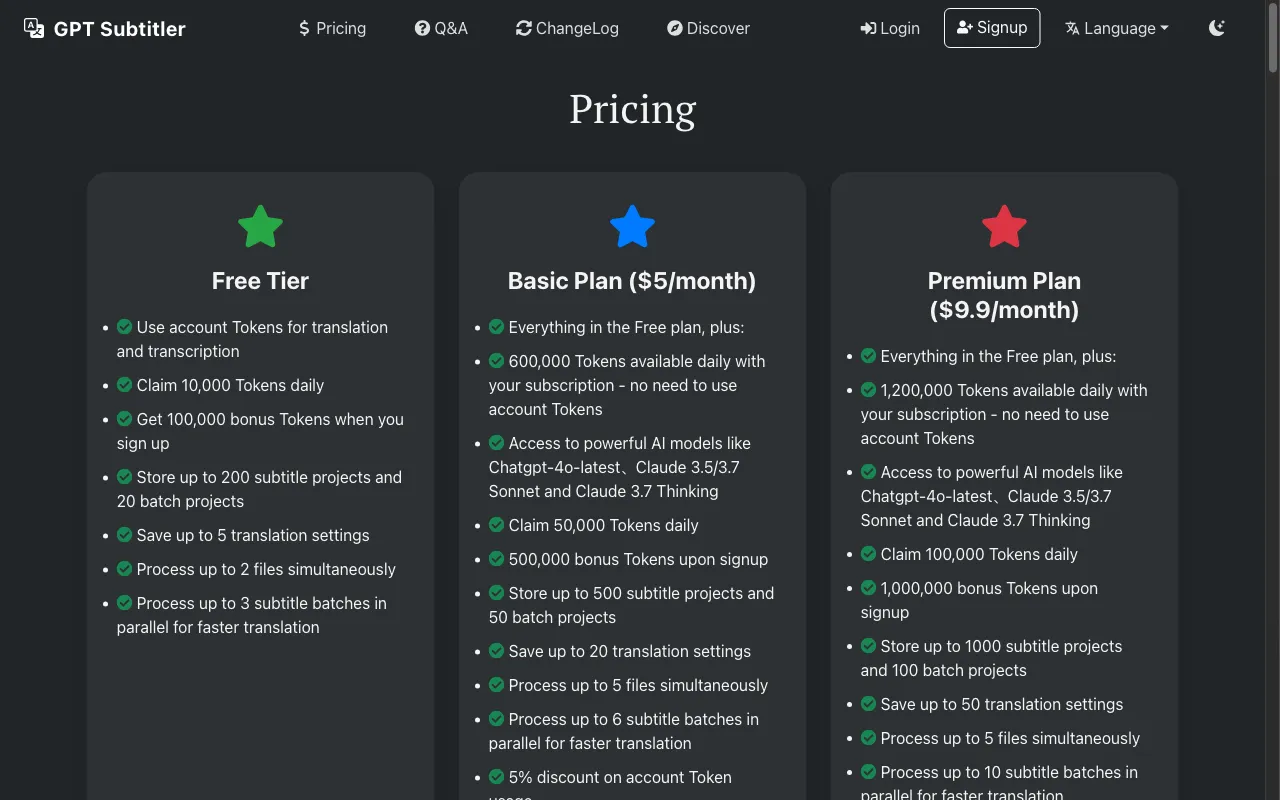 GPT Subtitler — pricing page