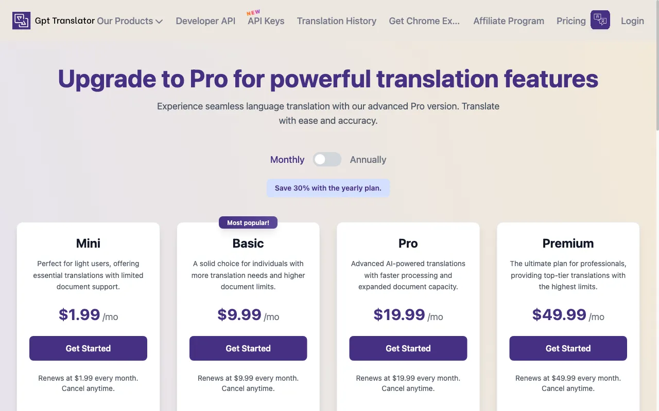 GPT Translator — pricing page