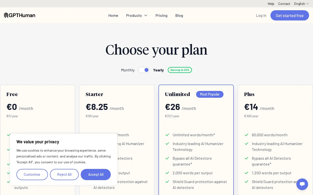 Gpthuman — pricing page