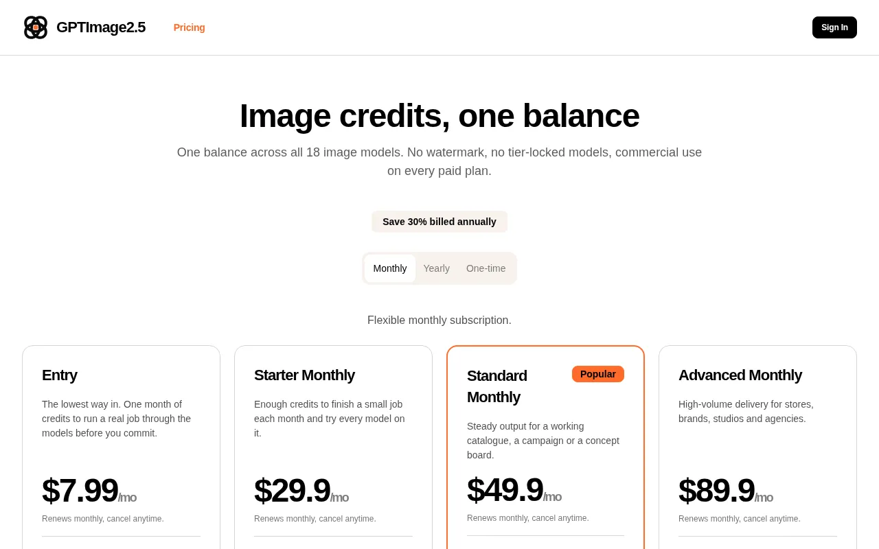GPTImage2.5 — pricing page