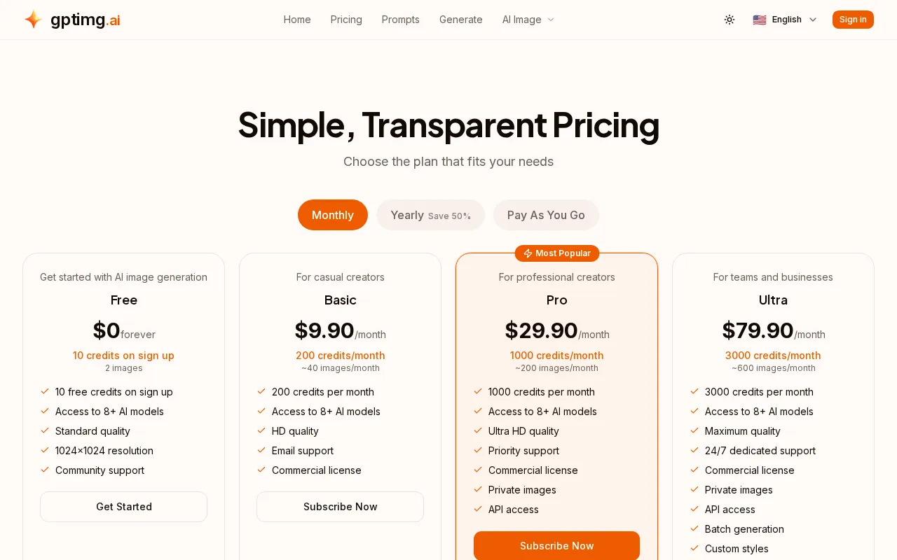 GPTImg AI — pricing page