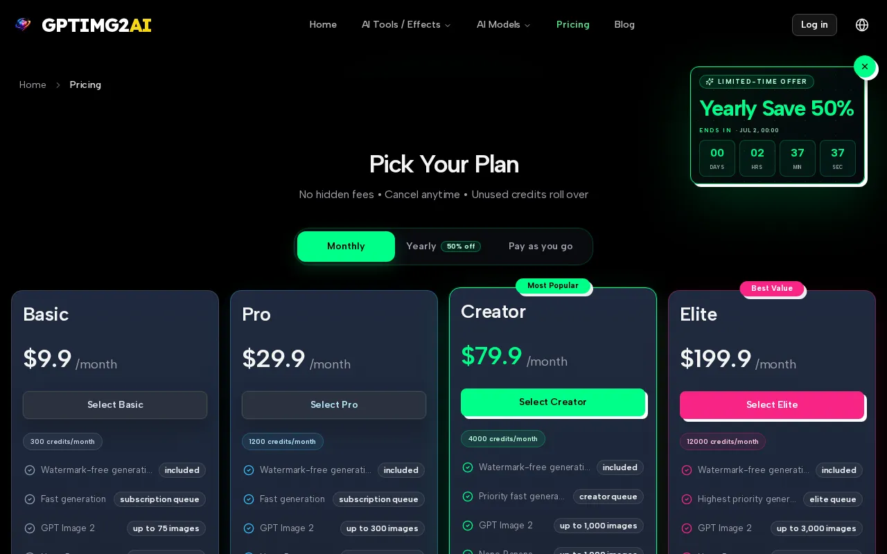 GPTIMG2 AI — pricing page