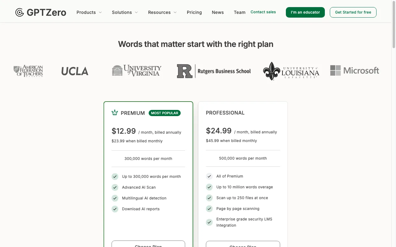 GPTZero — pricing page