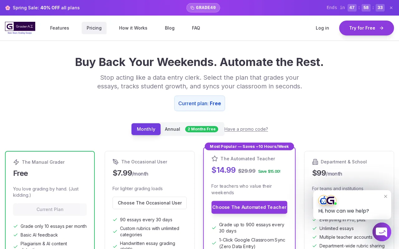 GraderAI for Teachers — pricing page
