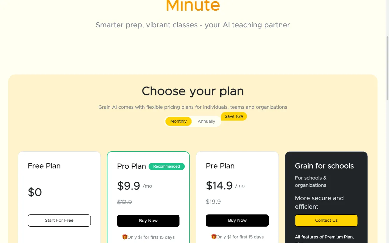 Grain AI — pricing page