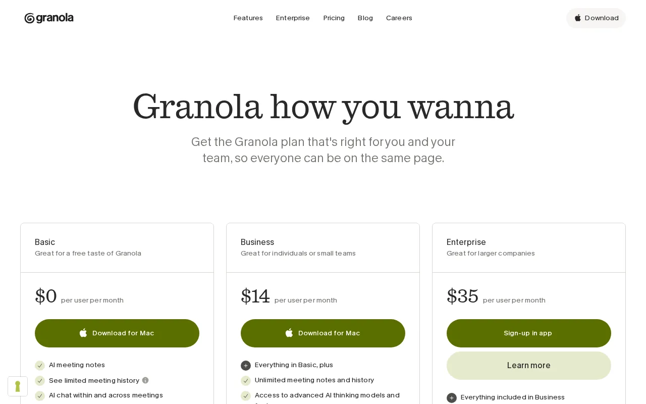 Granola — pricing page