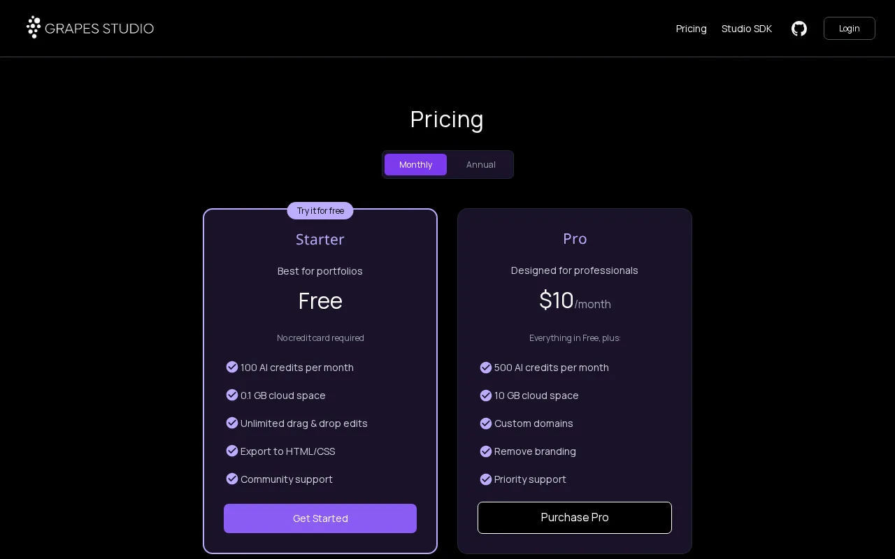 GrapesJS — pricing page