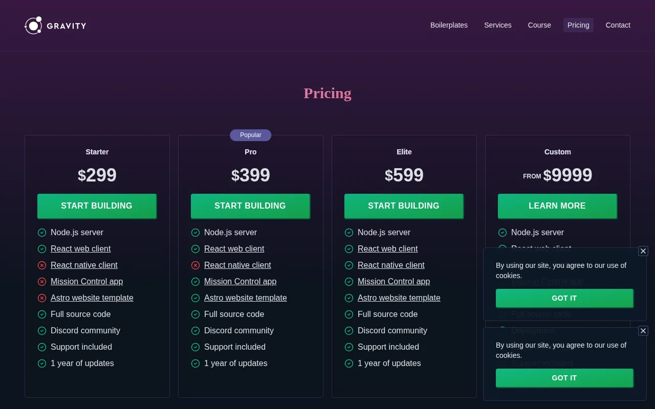 Gravity — pricing page