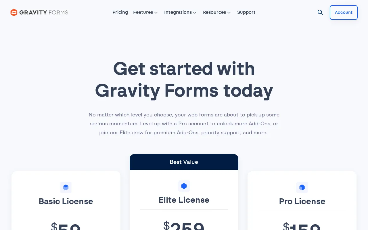 Gravity Forms — pricing page