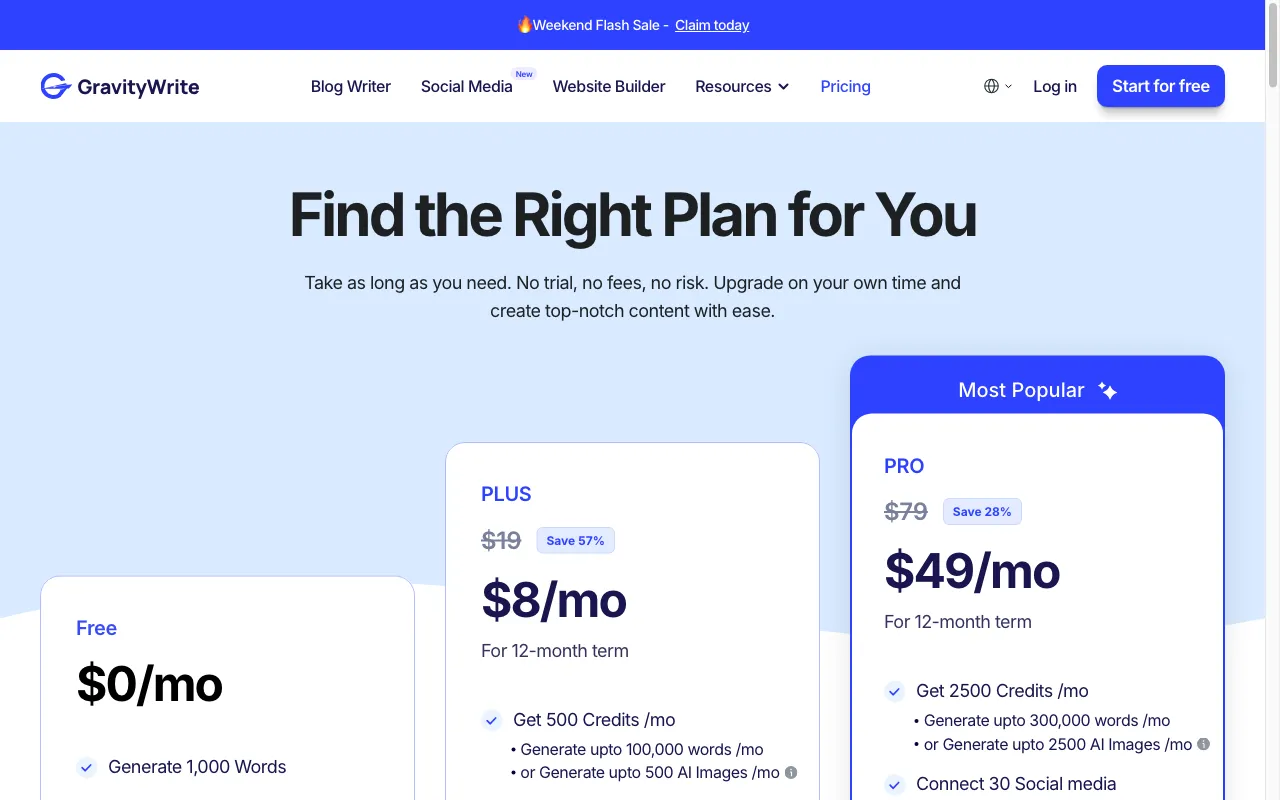 GravityWrite — pricing page
